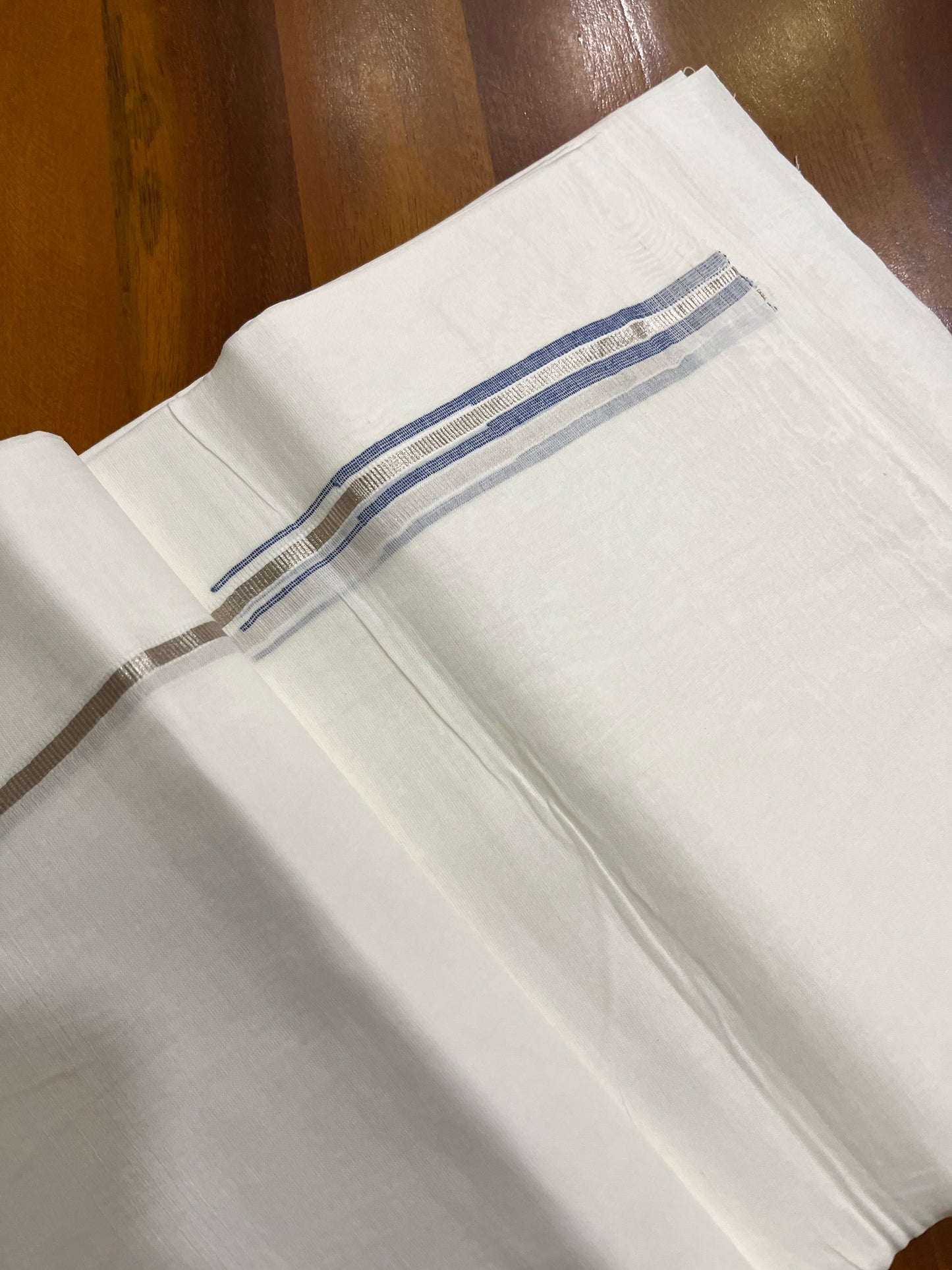 Pure White Cotton Double Mundu with Silver Blue Chutti Kara (South Indian Kerala Dhoti)