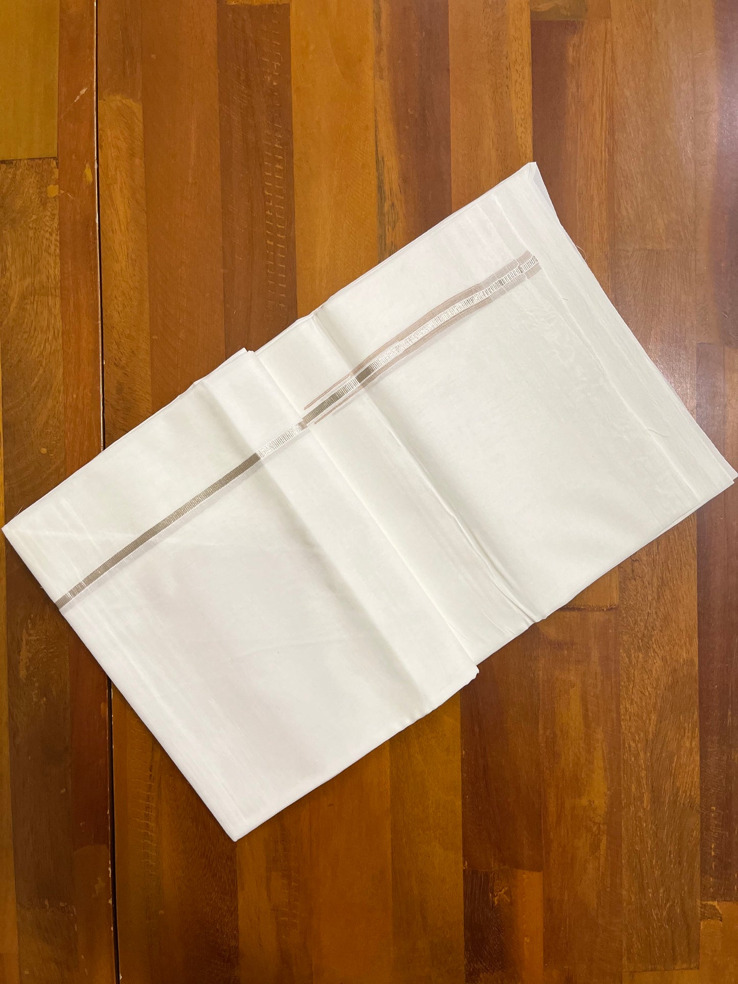 Pure White Cotton Double Mundu with Silver Light Brown Chutti Kara (South Indian Kerala Dhoti)