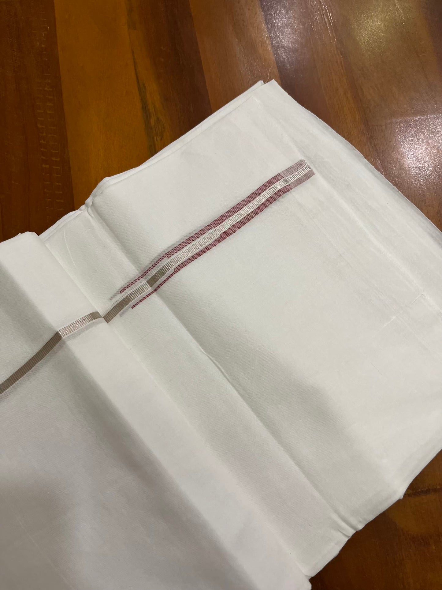 Pure White Cotton Double Mundu with Silver Maroon Chutti Kara (South Indian Kerala Dhoti)