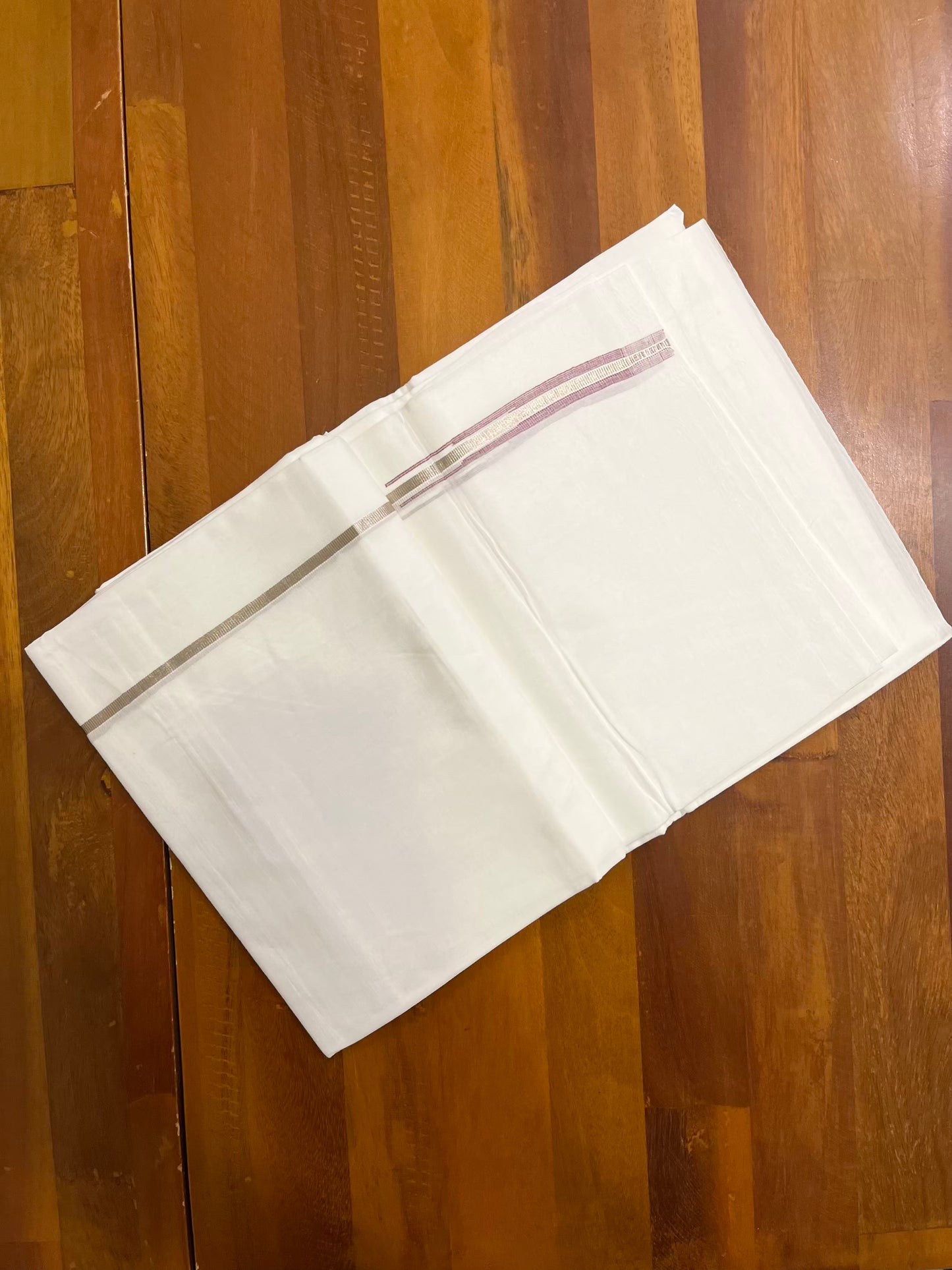 Pure White Cotton Double Mundu with Silver Pomegranate Chutti Kara (South Indian Kerala Dhoti)