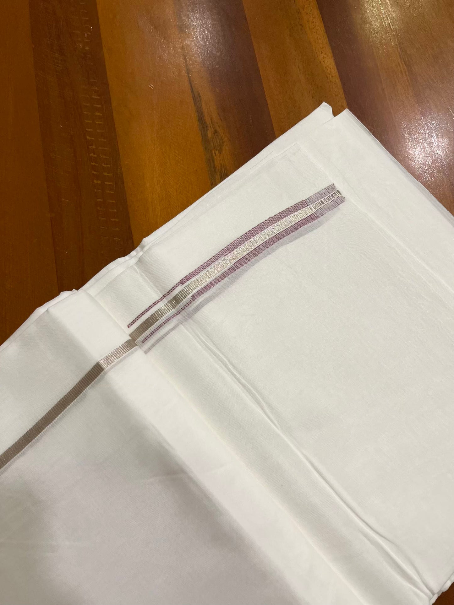 Pure White Cotton Double Mundu with Silver Pomegranate Chutti Kara (South Indian Kerala Dhoti)