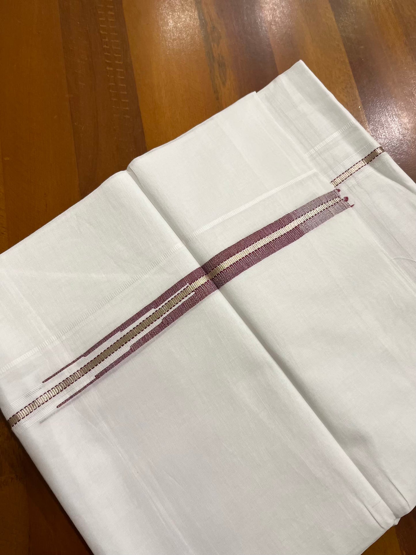 Pure White Cotton Double Mundu with Silver Maroon Chutti Kara (South Indian Kerala Dhoti) - Ramadan Eid Mundu Collection