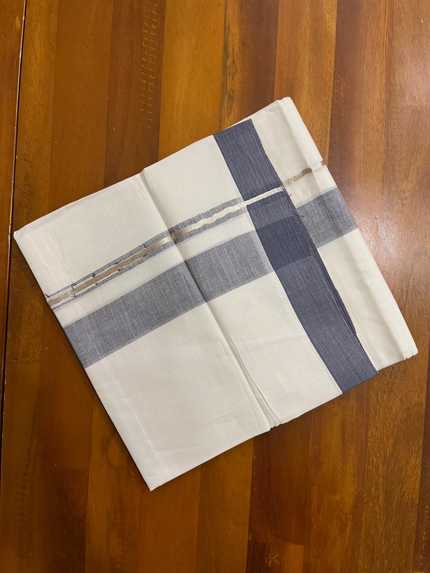 Pure White Cotton Double Mundu with Silver Blue Chutti Kara (South Indian Kerala Dhoti) - Ramadan Eid Mundu Collection