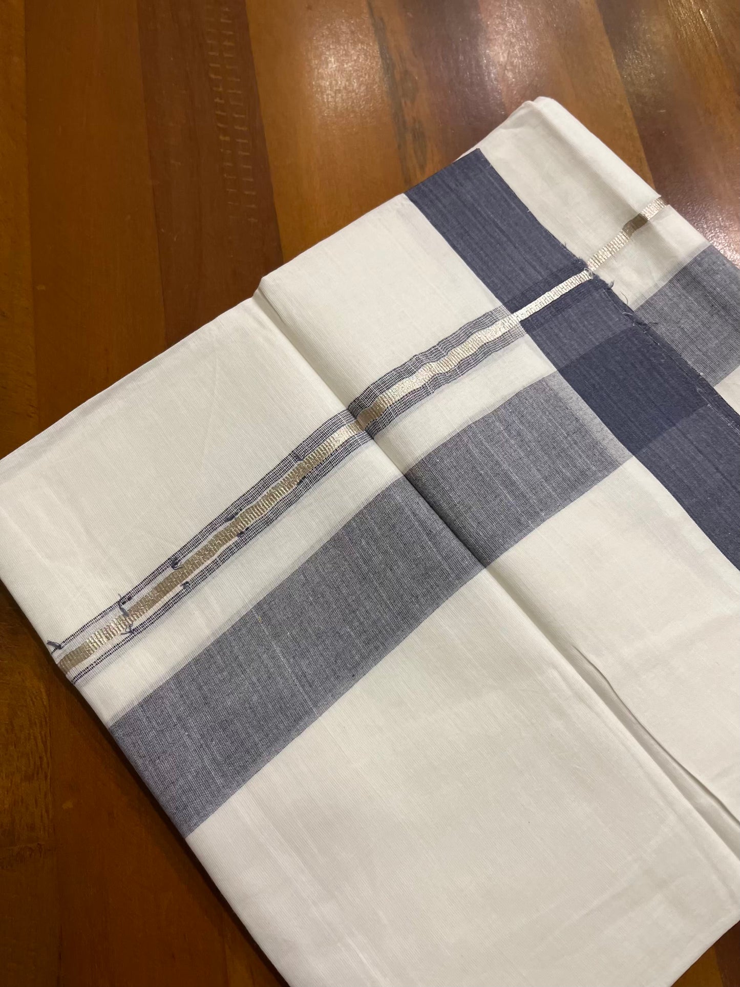 Pure White Cotton Double Mundu with Silver Blue Chutti Kara (South Indian Kerala Dhoti) - Ramadan Eid Mundu Collection