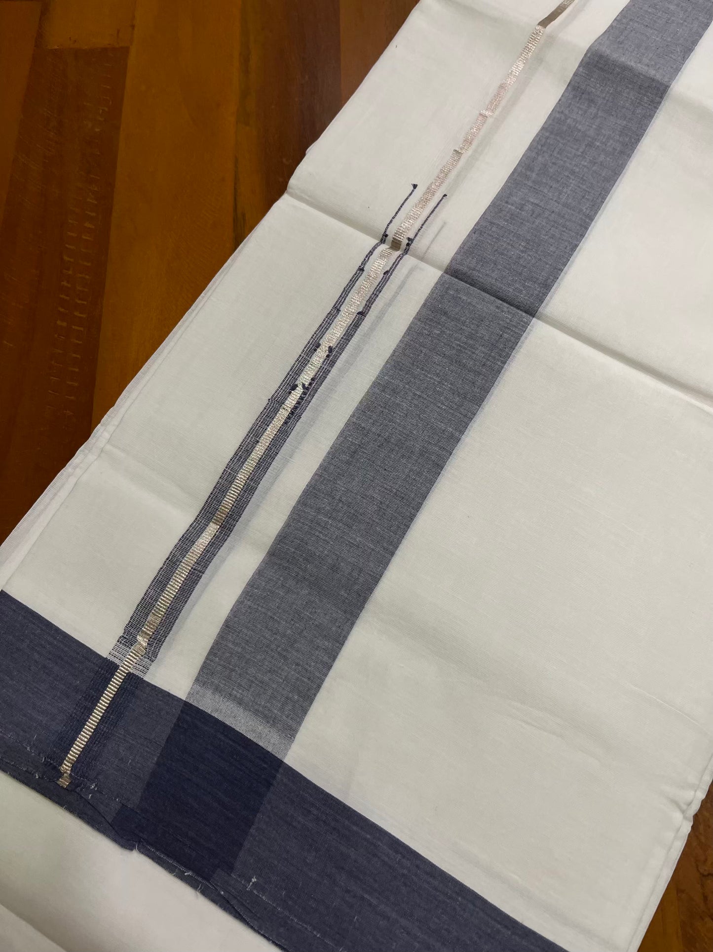 Pure White Cotton Double Mundu with Silver Blue Chutti Kara (South Indian Kerala Dhoti) - Ramadan Eid Mundu Collection