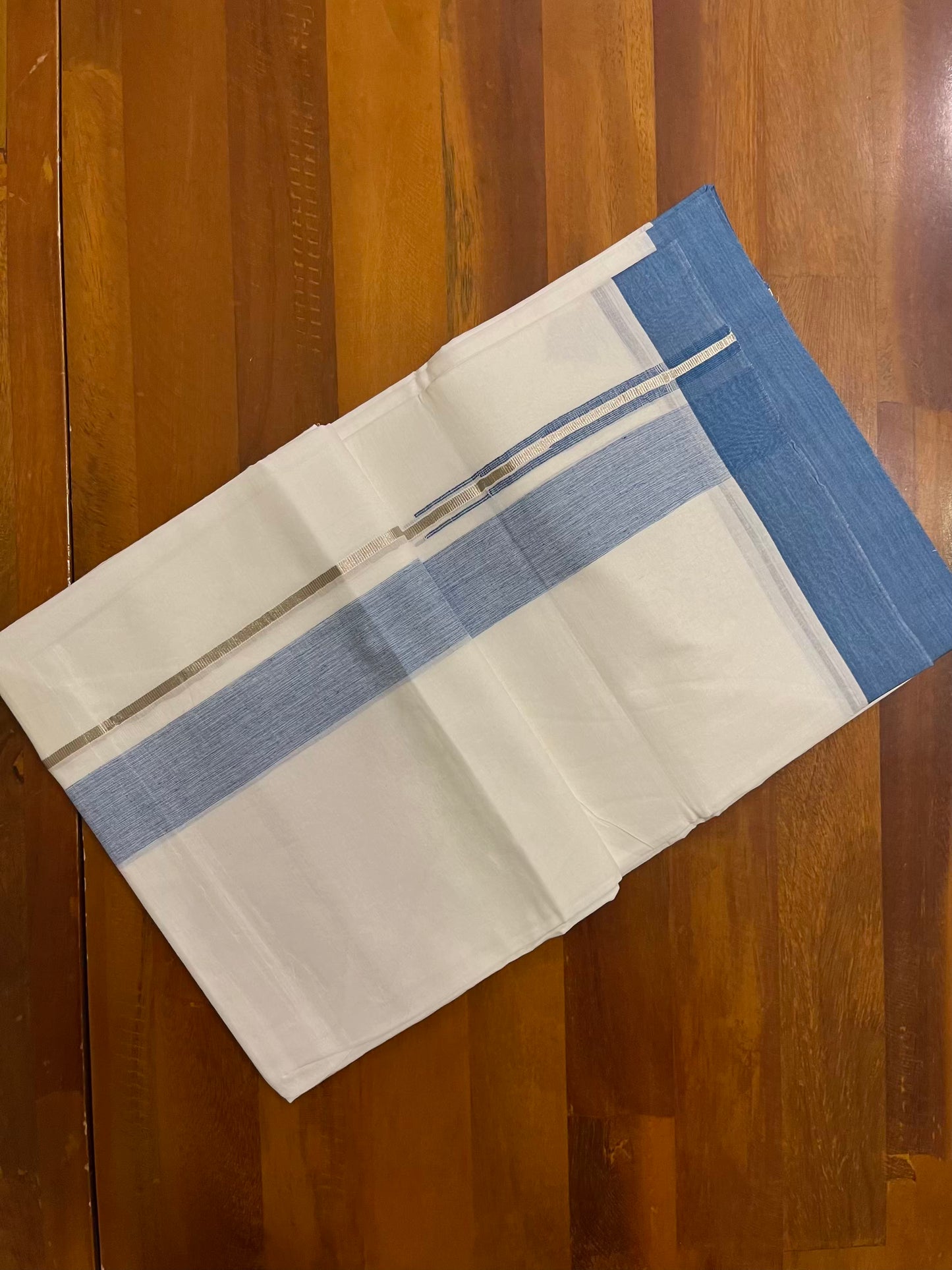 Pure White Cotton Double Mundu with Silver Blue Chutti Kara (South Indian Kerala Dhoti) - Ramadan Eid Mundu Collection