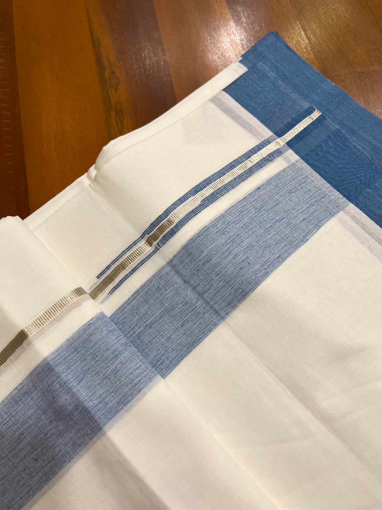 Pure White Cotton Double Mundu with Silver Blue Chutti Kara (South Indian Kerala Dhoti) - Ramadan Eid Mundu Collection