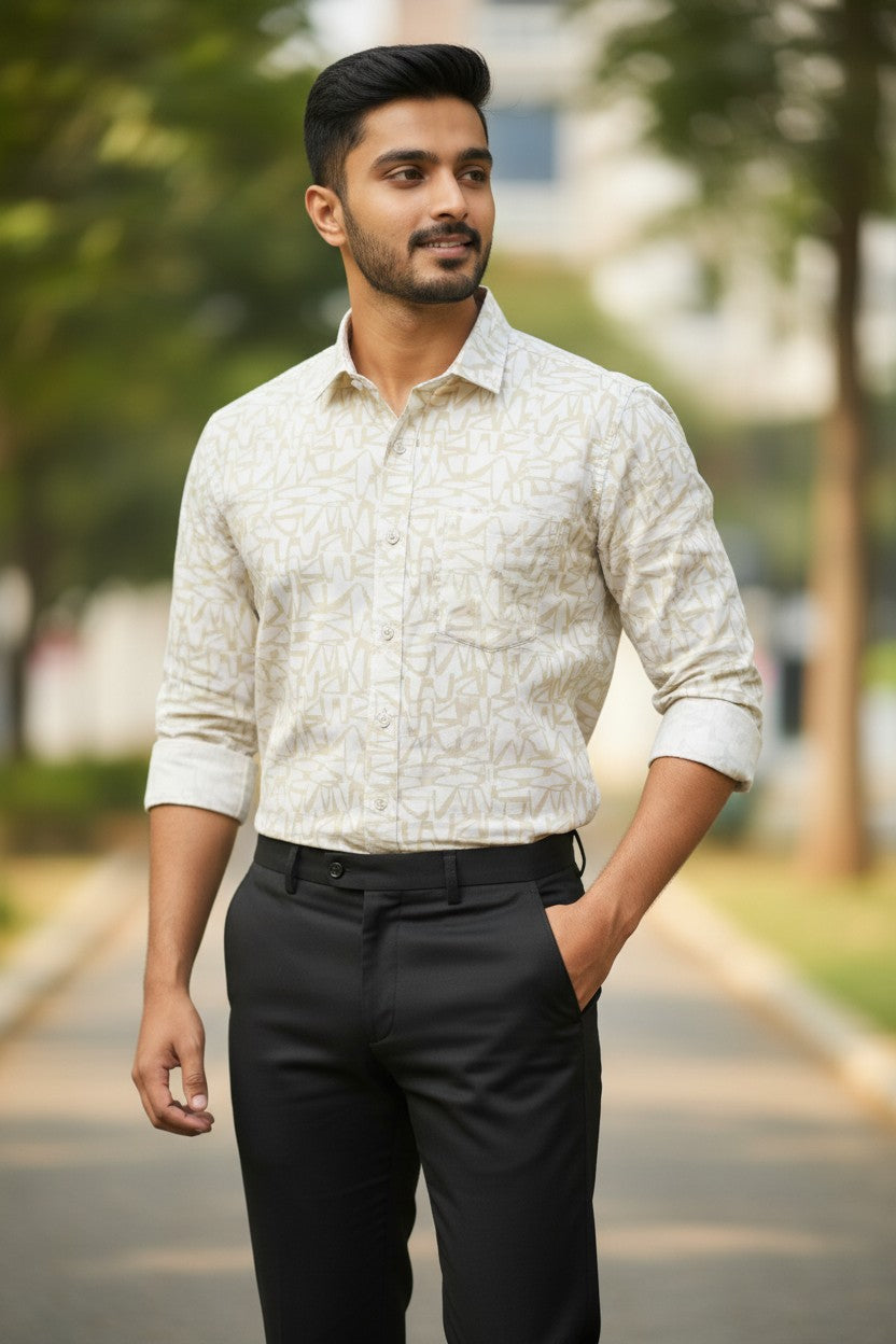Pure Cotton Off White with Light Green Printed Shirt SLSHIRT 48 FS