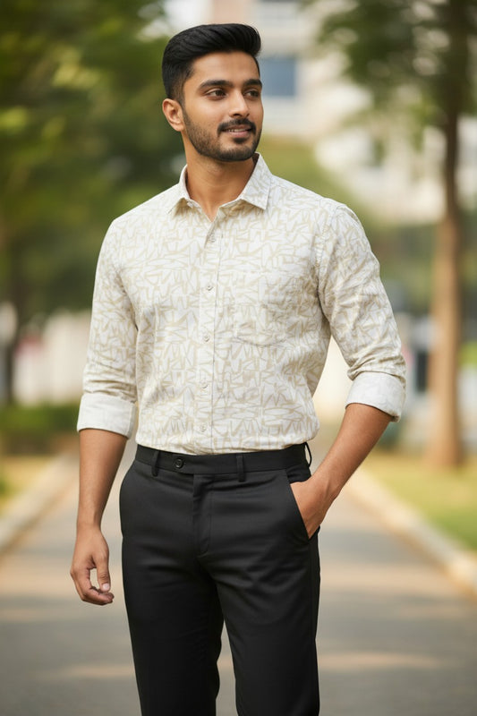Pure Cotton Off White with Light Green Printed Shirt SLSHIRT 48 FS