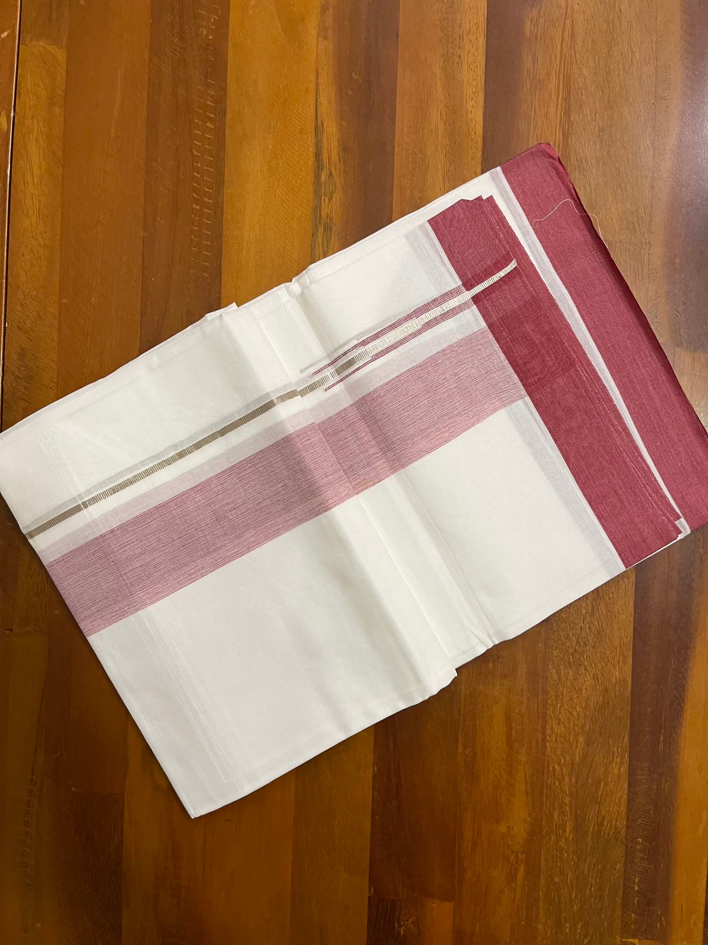 Pure White Cotton Double Mundu with Silver Maroon Chutti Kara (South Indian Kerala Dhoti) - Ramadan Eid Mundu Collection