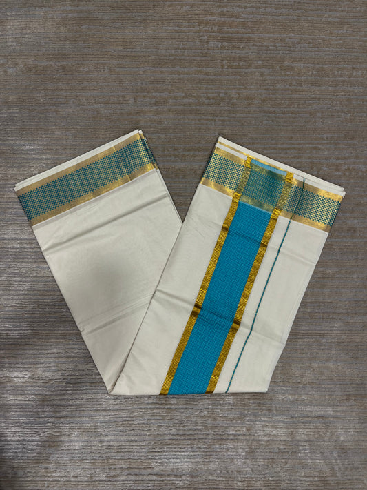 Southloom Kerala Kasavu Cotton Saree with Turquoise Paa Neythu Border
