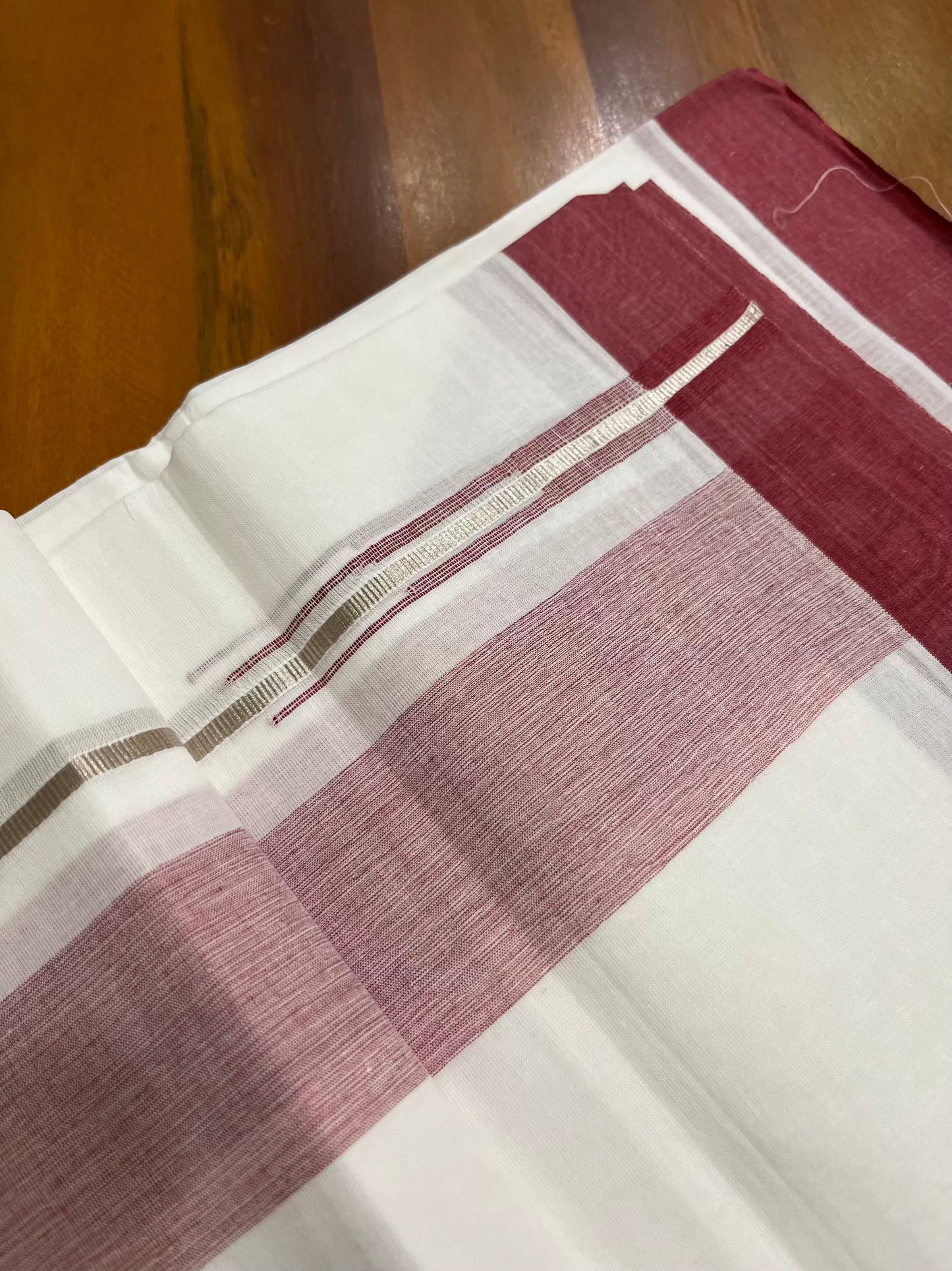 Pure White Cotton Double Mundu with Silver Maroon Chutti Kara (South Indian Kerala Dhoti) - Ramadan Eid Mundu Collection