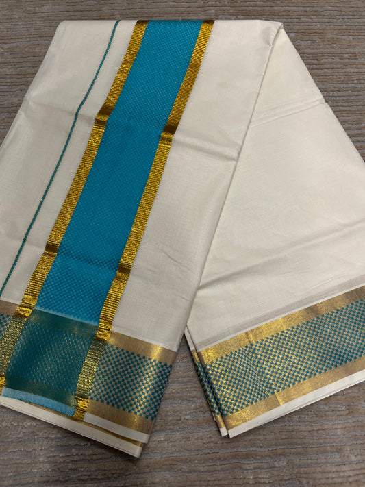 Southloom Kerala Kasavu Cotton Saree with Turquoise Paa Neythu Border