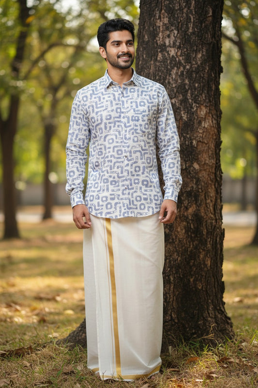 Pure Cotton Off White with Blue Printed Shirt SLSHIRT 48 FS