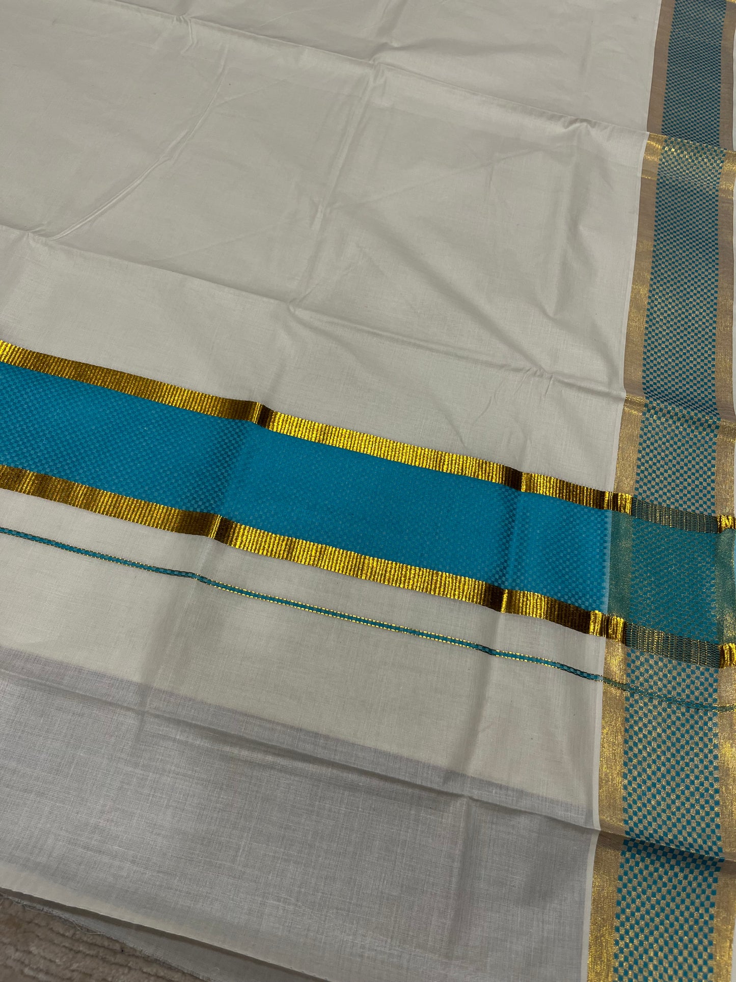 Southloom Kerala Kasavu Cotton Saree with Turquoise Paa Neythu Border