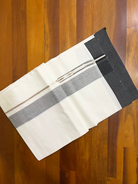 Pure White Cotton Double Mundu with Silver Black Chutti Kara (South Indian Kerala Dhoti)