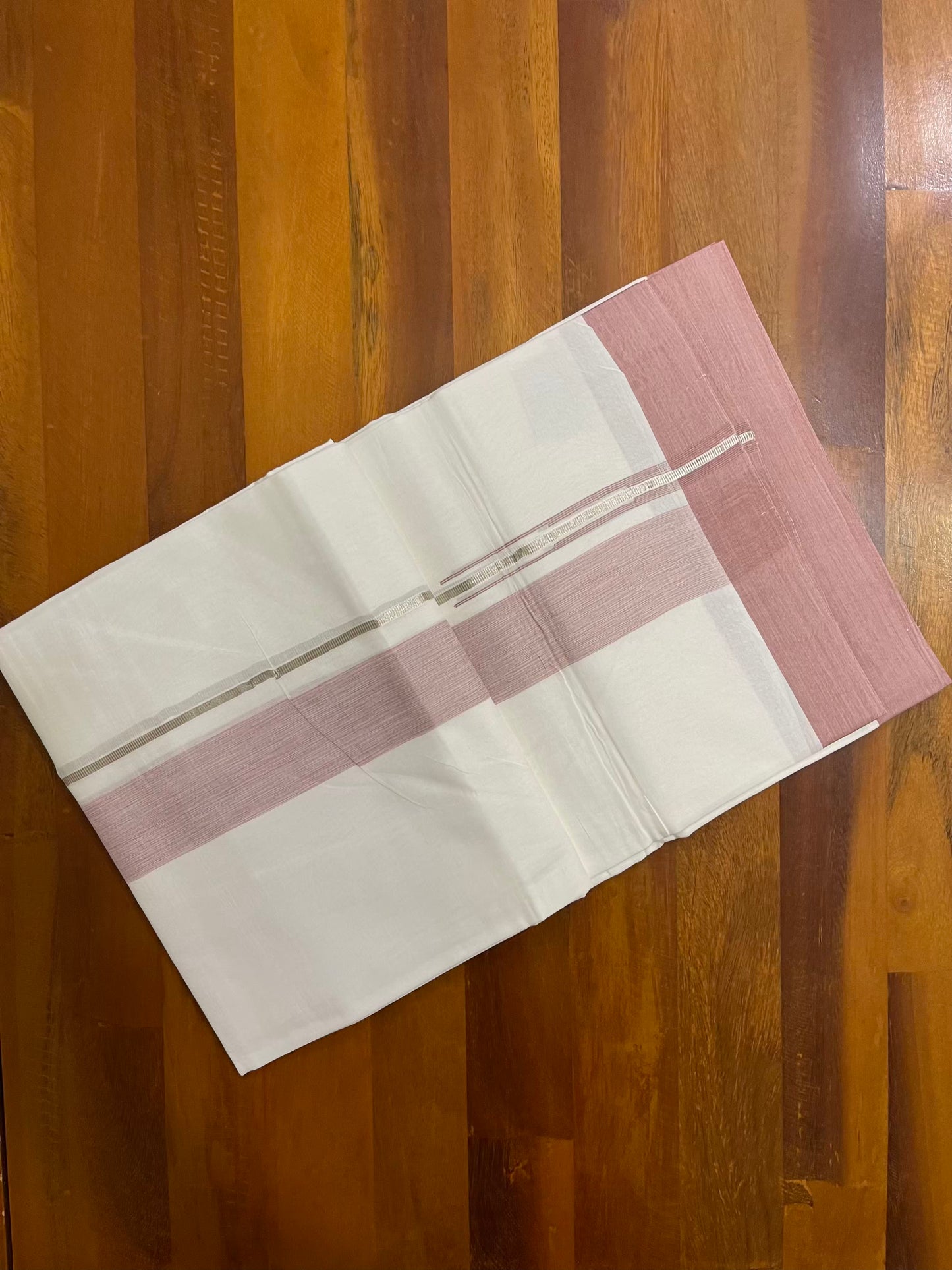 Pure White Cotton Double Mundu with Silver Pinkish Chutti Kara (South Indian Kerala Dhoti)