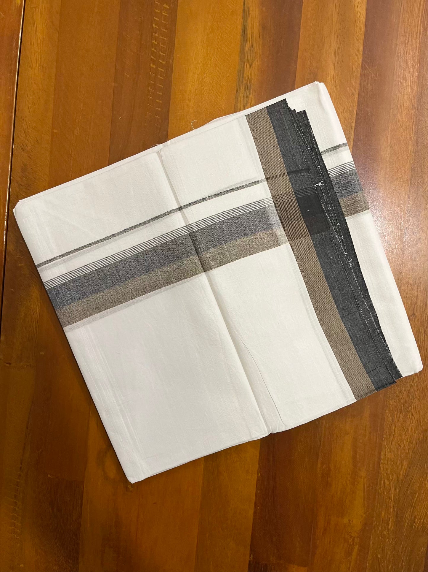 Pure White Cotton Double Mundu with Brown Black Fancy Kara (South Indian Kerala Dhoti)