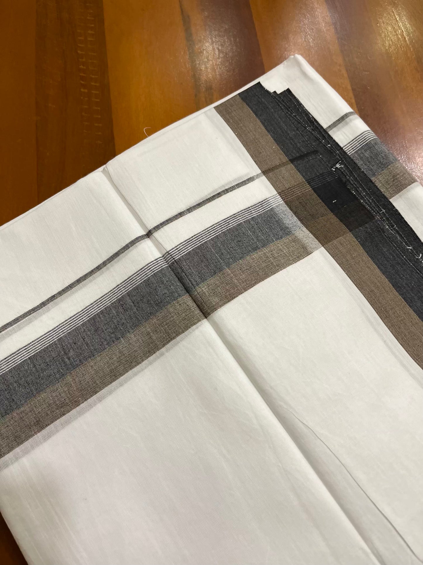 Pure White Cotton Double Mundu with Brown Black Fancy Kara (South Indian Kerala Dhoti)