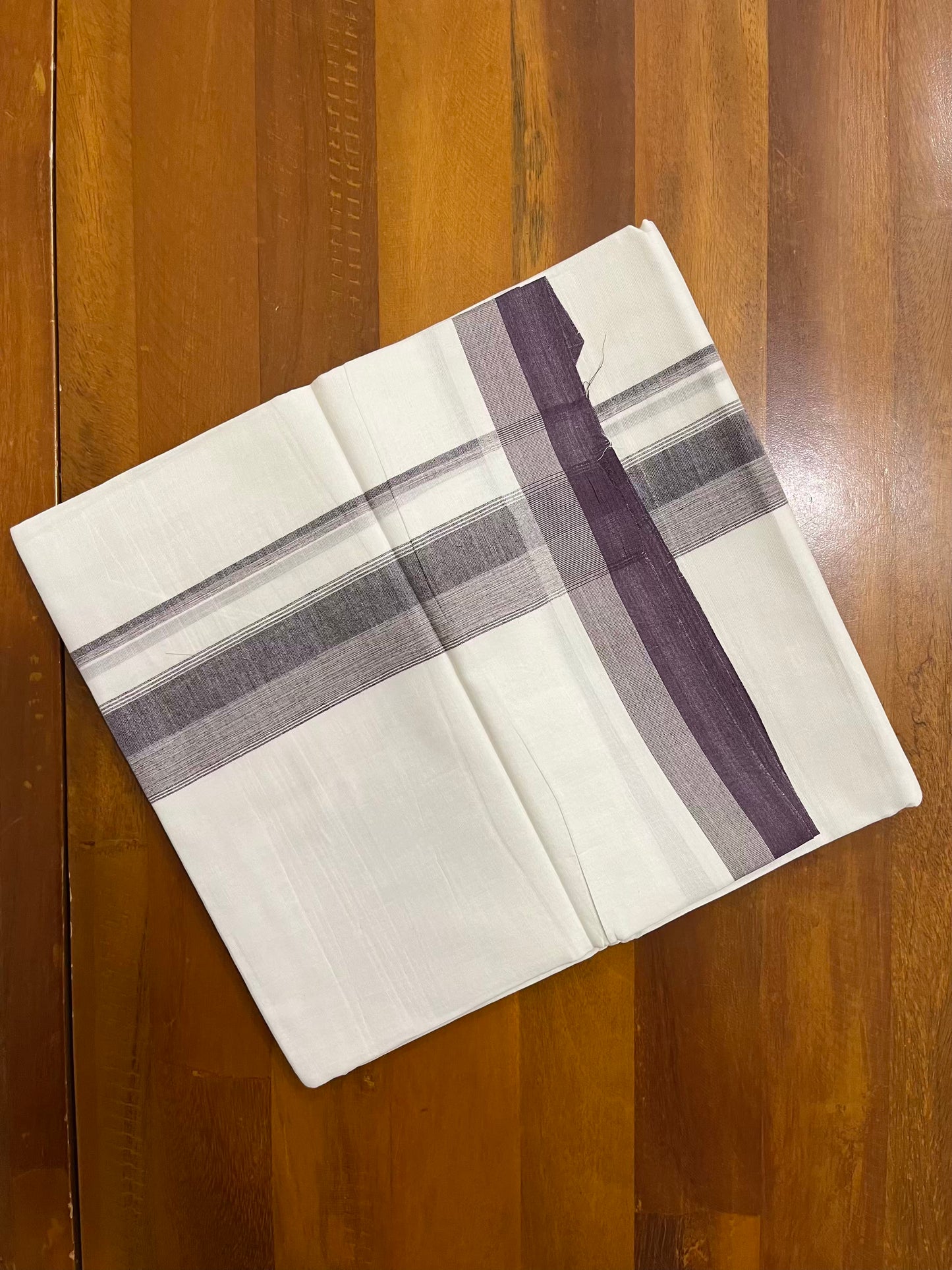 Pure White Cotton Double Mundu with Purple Black Fancy Kara (South Indian Kerala Dhoti) - Ramadan Eid Mundu Collection