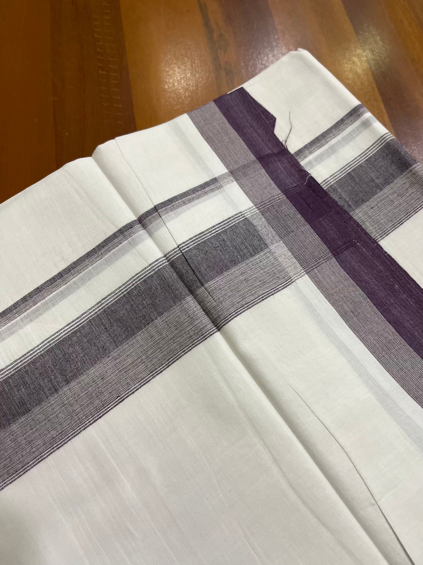 Pure White Cotton Double Mundu with Purple Black Fancy Kara (South Indian Kerala Dhoti) - Ramadan Eid Mundu Collection