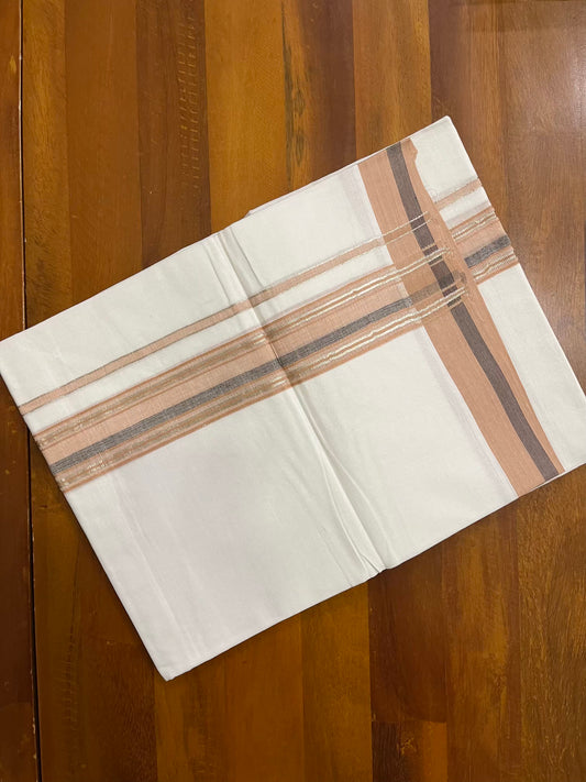 Pure White Cotton Double Mundu with Silver Kasavu Brown Kara (South Indian Kerala Dhoti) - Ramadan Eid Mundu Collection