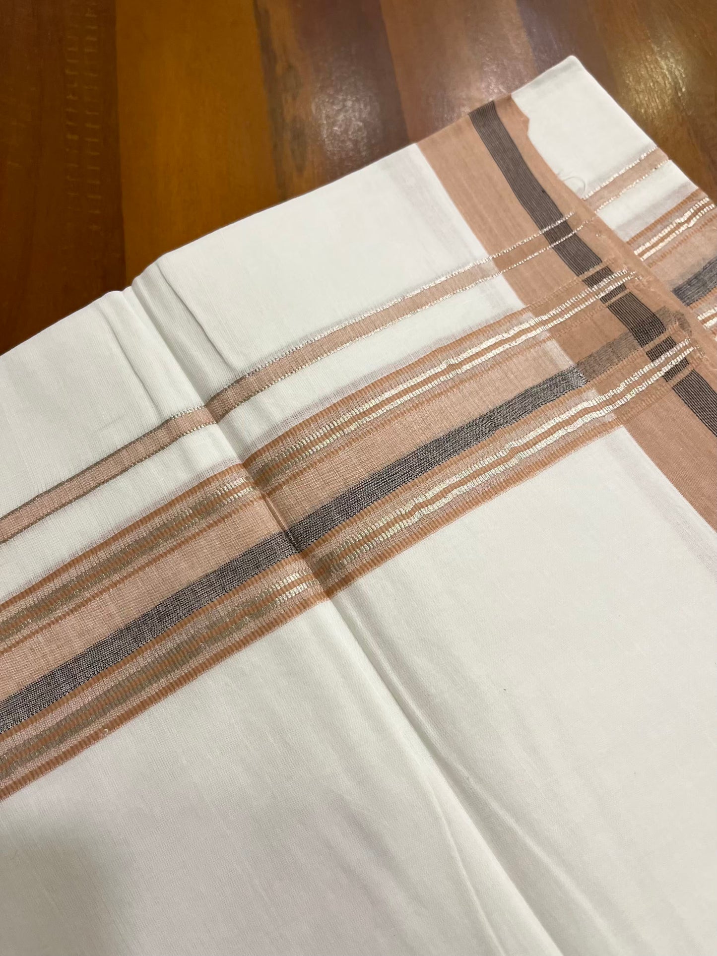 Pure White Cotton Double Mundu with Silver Kasavu Brown Kara (South Indian Kerala Dhoti) - Ramadan Eid Mundu Collection