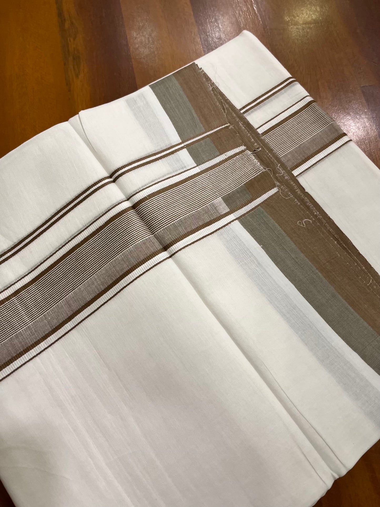 Pure White Cotton Double Mundu with Green Brown Kara (South Indian Kerala Dhoti) - Ramadan Eid Mundu Collection