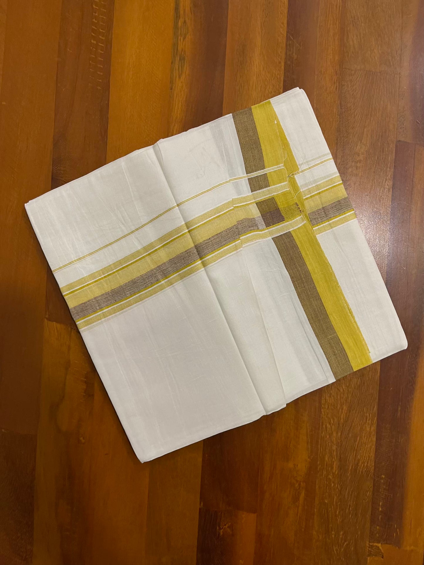 Pure White Cotton Double Mundu with Lime Brown Kara (South Indian Kerala Dhoti) - Ramadan Eid Mundu Collection