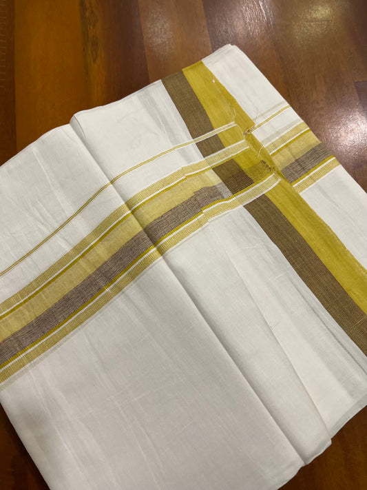 Pure White Cotton Double Mundu with Lime Brown Kara (South Indian Kerala Dhoti) - Ramadan Eid Mundu Collection