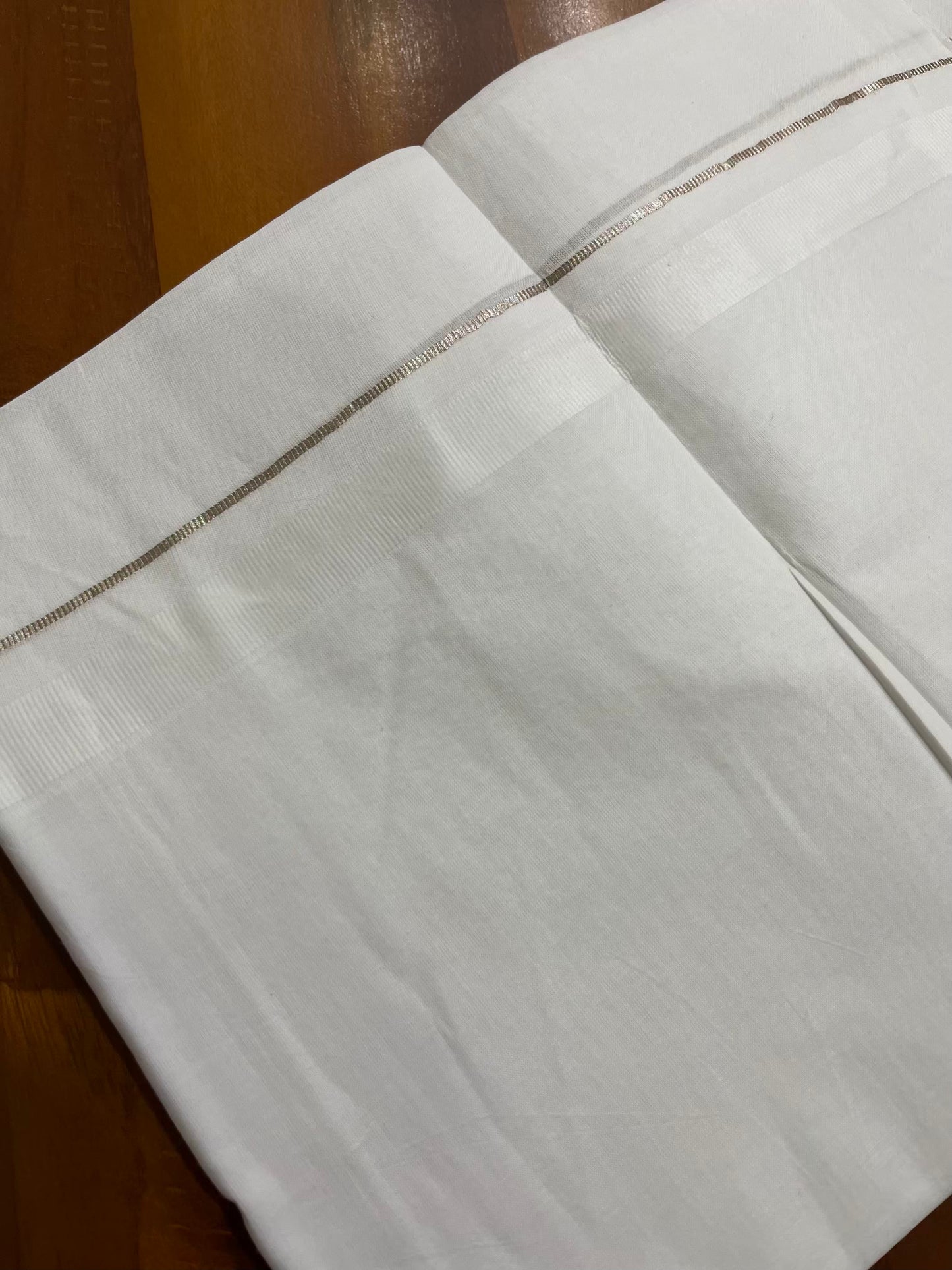 Pure White Cotton Double Mundu with Lime Brown Kara (South Indian Kerala Dhoti)