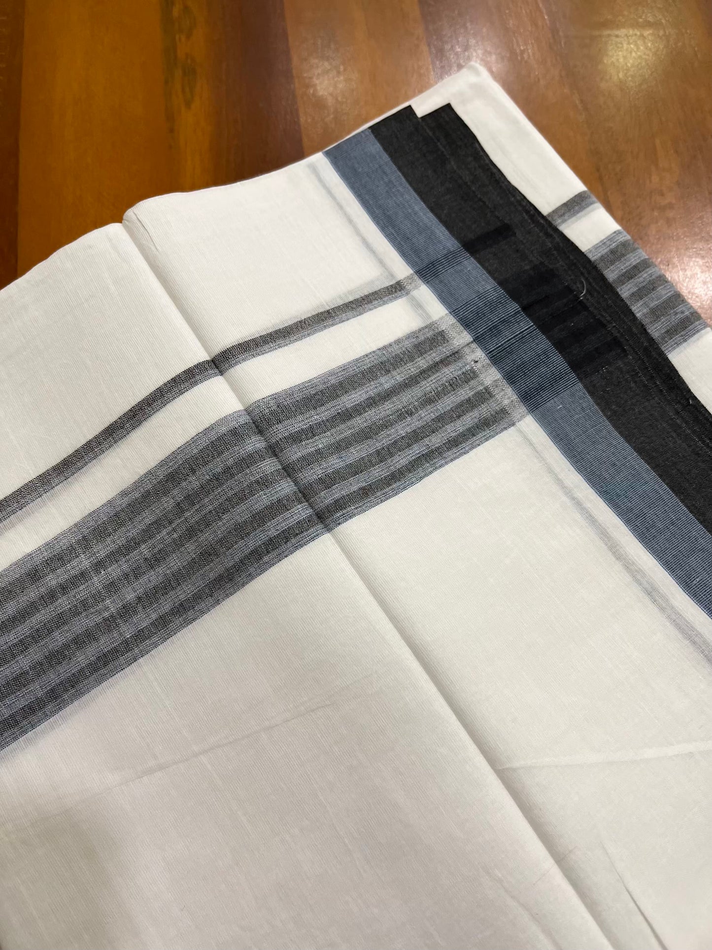 Pure White Cotton Double Mundu with Black Blue Fancy Kara (South Indian Kerala Dhoti) - Ramadan Eid Mundu Collection