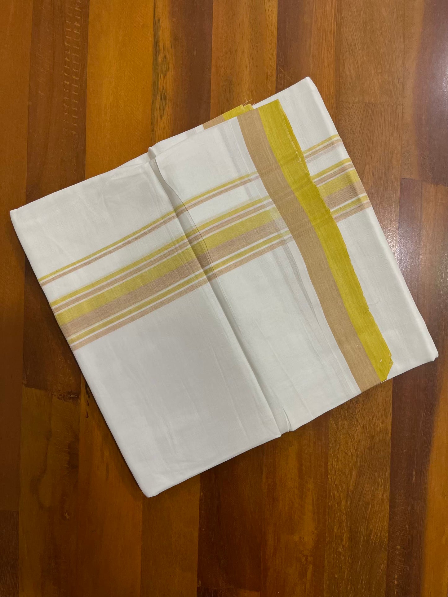 Pure White Cotton Double Mundu with Lime Brown Fancy Kara (South Indian Kerala Dhoti) - Ramadan Eid Mundu Collection