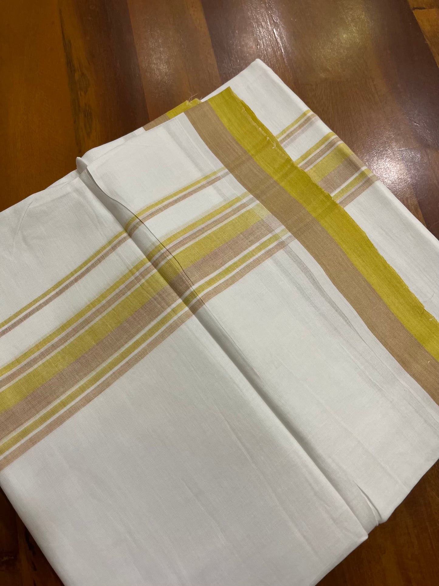 Pure White Cotton Double Mundu with Lime Brown Fancy Kara (South Indian Kerala Dhoti) - Ramadan Eid Mundu Collection