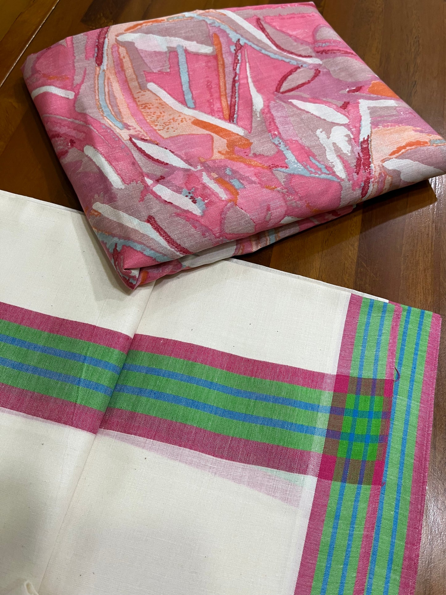 Southloom Mulloth Soft Cotton Set Mundu with Jaipur Printed Blouse Piece (2.50 M Neriyathu / Blouse 1 Meter)