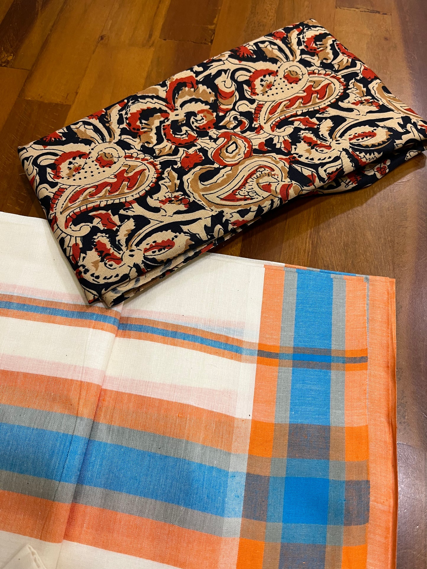 Southloom Mulloth Soft Cotton Set Mundu with Jaipur Printed Blouse Piece (2.60 M Neriyathu / Blouse 1 Meter)