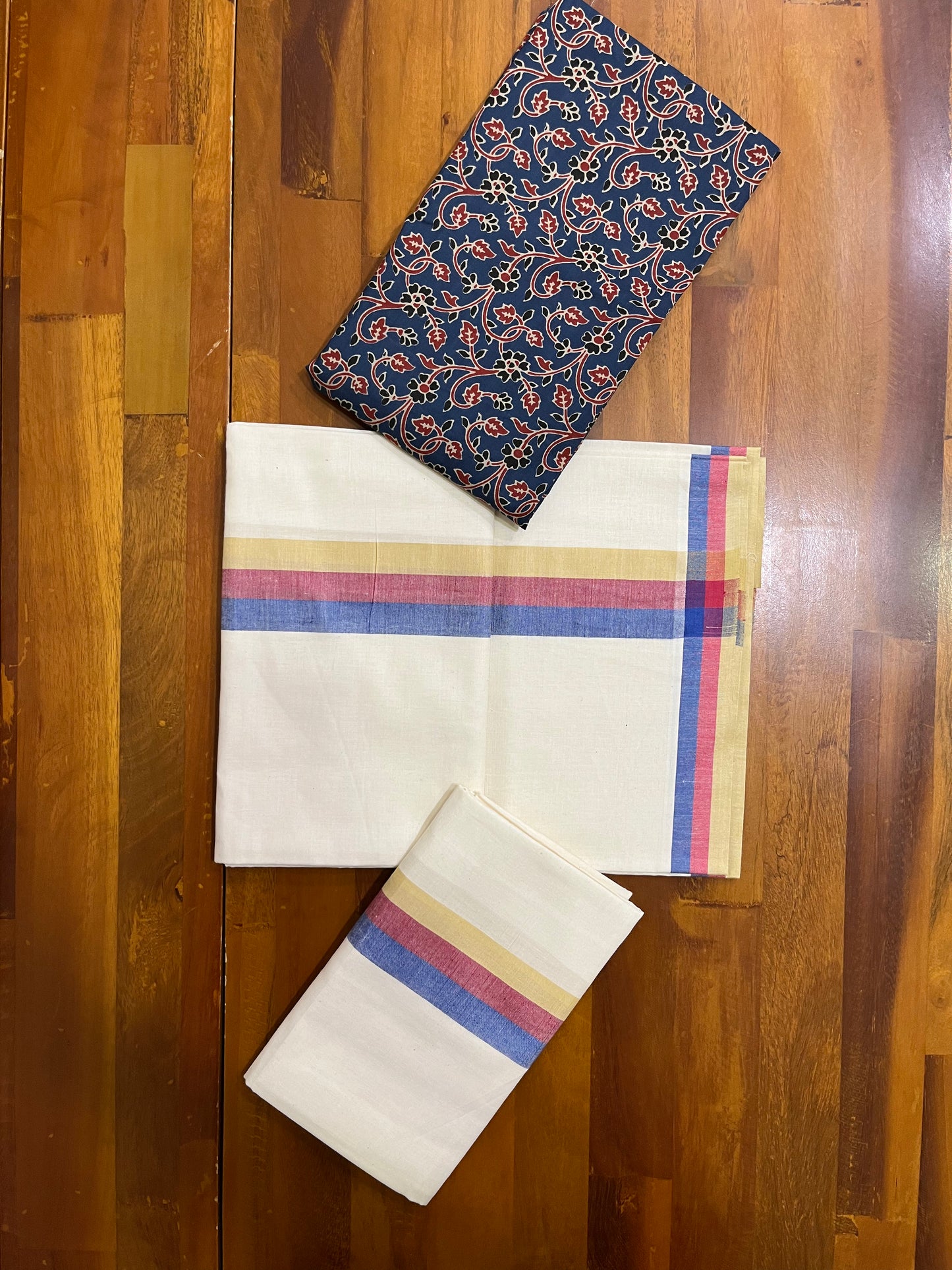 Southloom Mulloth Soft Cotton Set Mundu with Jaipur Printed Blouse Piece (2.60 M Neriyathu / Blouse 1 Meter)