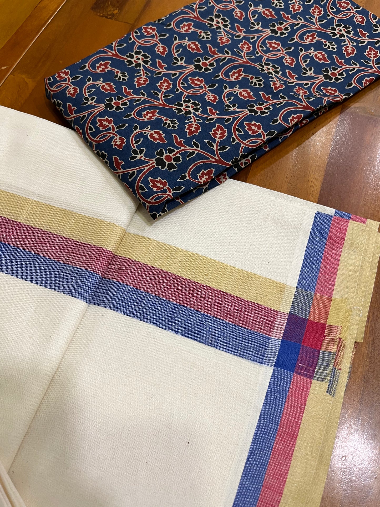 Southloom Mulloth Soft Cotton Set Mundu with Jaipur Printed Blouse Piece (2.60 M Neriyathu / Blouse 1 Meter)