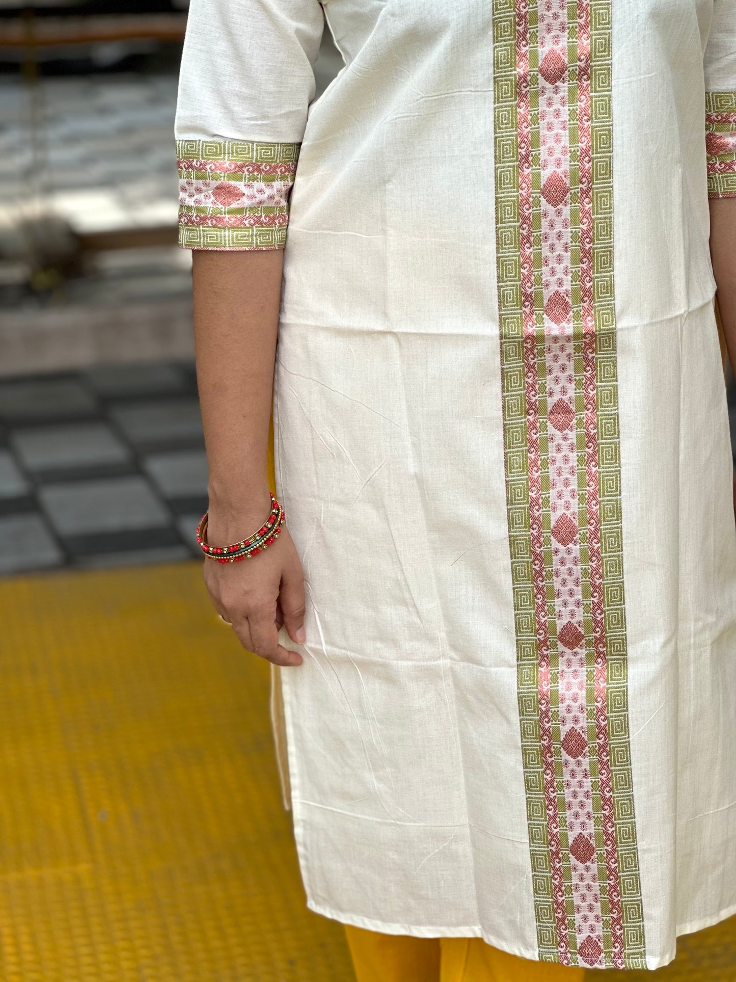 Southloom Kerala Pure Cotton Salwar Top / Kurti with Green and Copper Kasavu Woven Designs