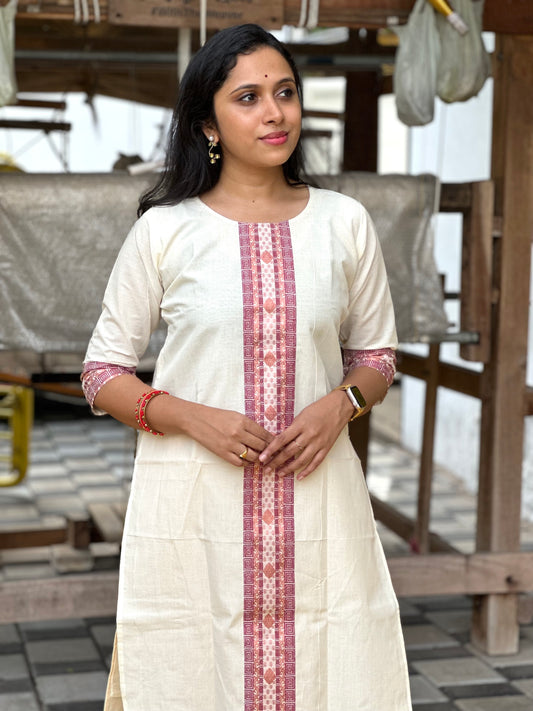 Southloom Kerala Pure Cotton Salwar Top / Kurti with Maroon and Copper Kasavu Woven Designs