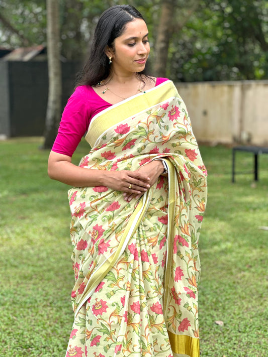 Kerala Tissue Kasavu Saree with Pink Lotus Floral Kalamkari Design