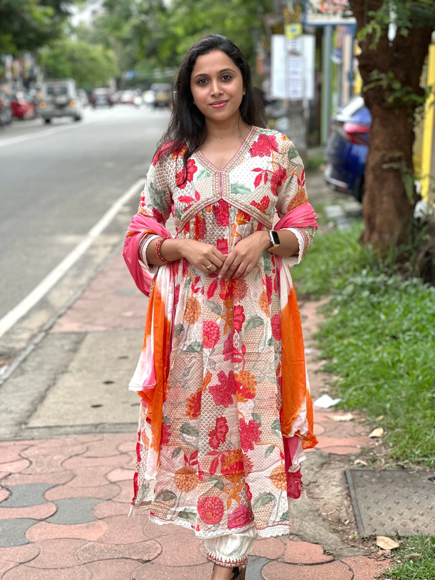 Southloom Stitched Semi Silk Salwar Set in White with Floral Works on Body