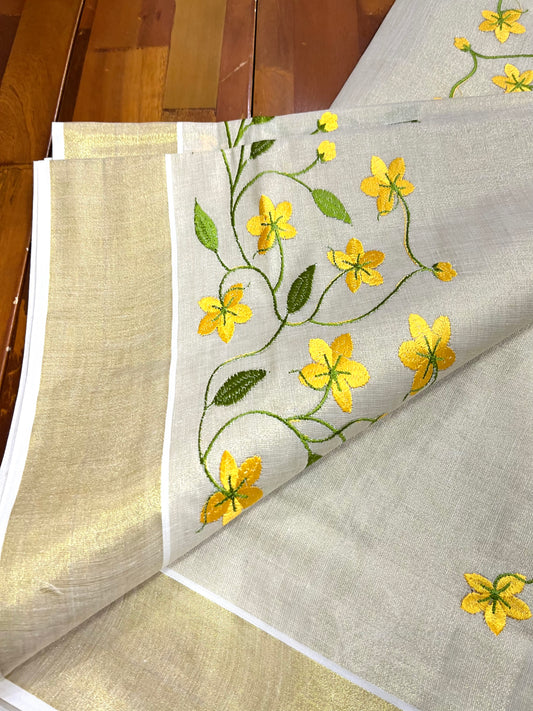 Southloom Tissue Cotton Kerala Kasavu Saree with Kanikonna Floral Embroidery on Body (Vishu 2024 Collection) - ON PRE ORDER
