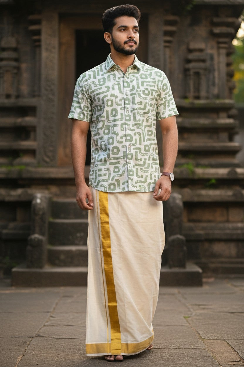 Pure Cotton Off White with Green Printed Shirt SLSHIRT 42 HS
