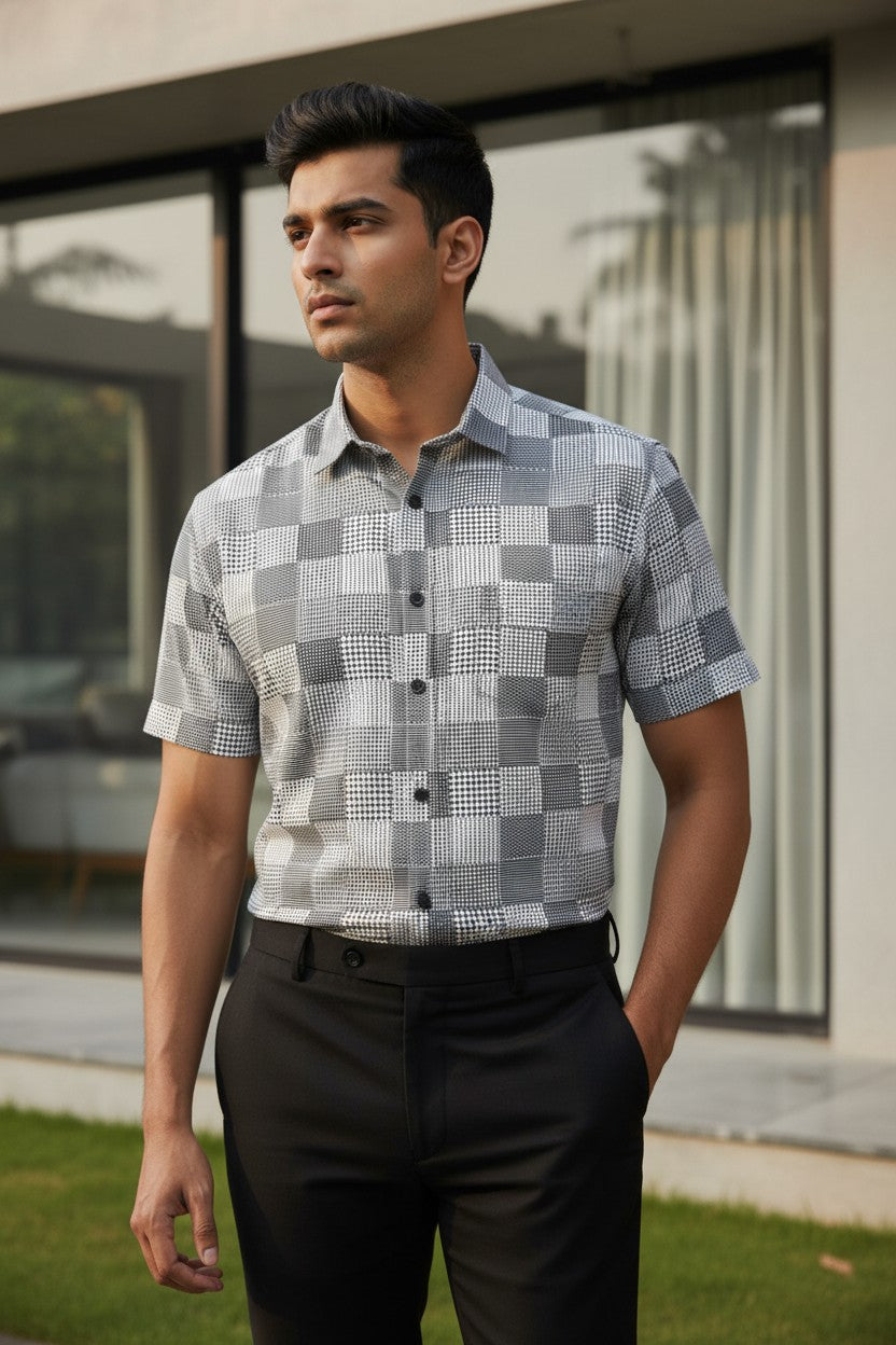 Pure Cotton Off White with Grey Printed Shirt SLSHIRT 44 HS