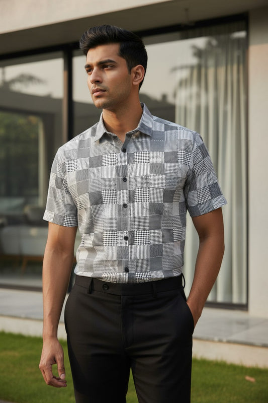 Pure Cotton Off White with Grey Printed Shirt SLSHIRT 44 HS