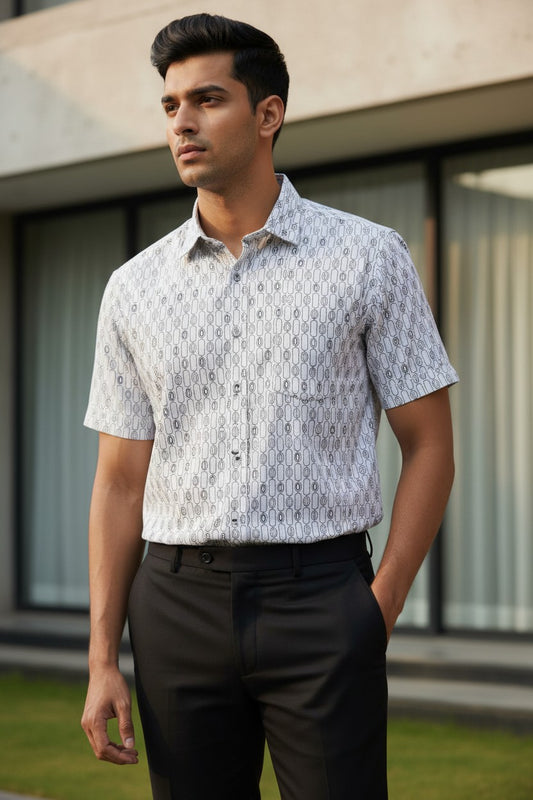 Pure Cotton Off White Printed Shirt SLSHIRT 44 HS