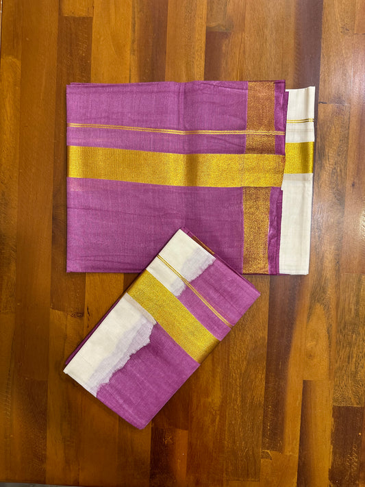 Southloom Tie & Dye - Half & Half  Multi Colour Purple Design Set Mundu (Mundum Neriyathum) in 2.80 m Neriyathu (Extra Length)