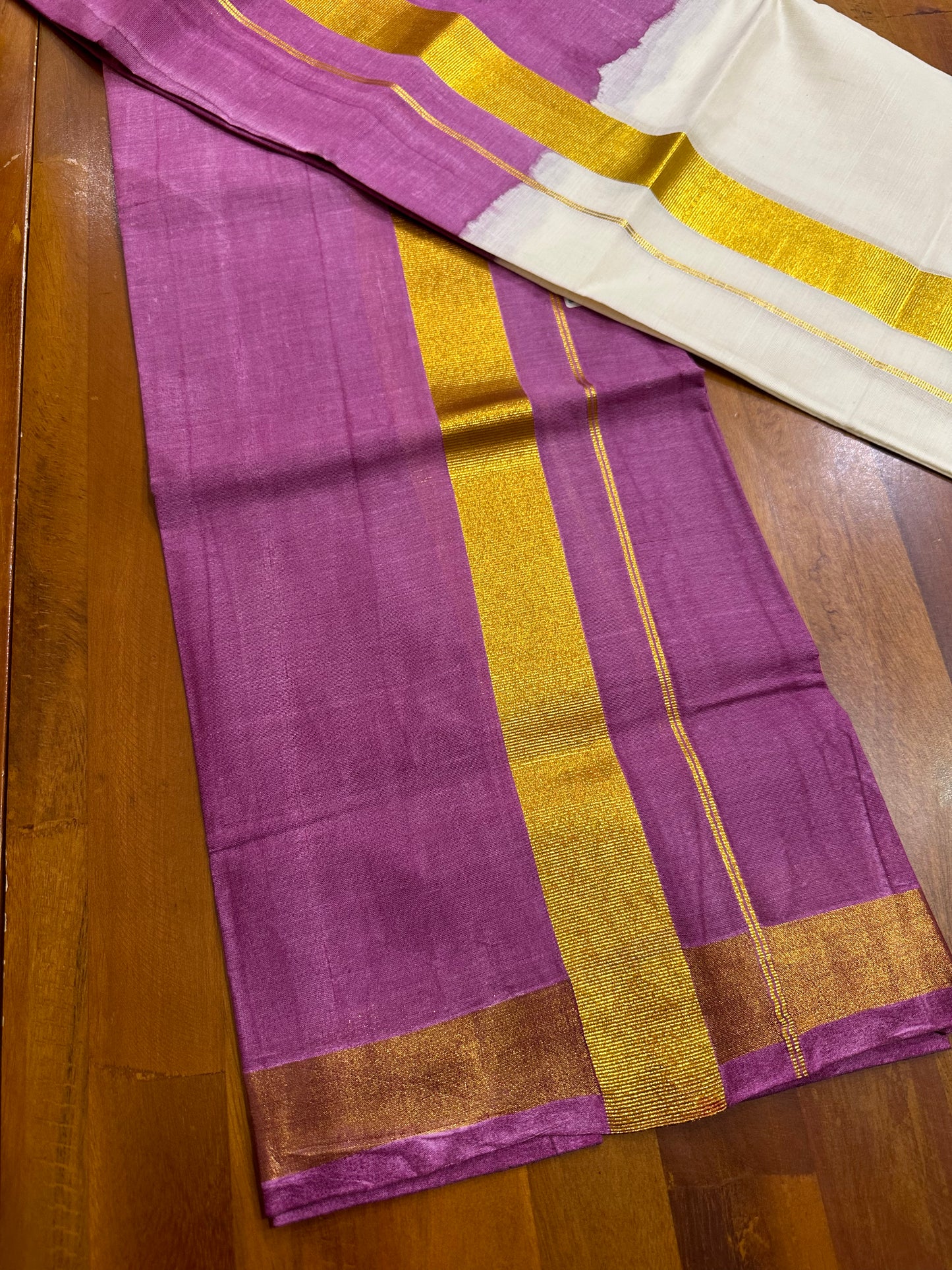 Southloom Tie & Dye - Half & Half  Multi Colour Purple Design Set Mundu (Mundum Neriyathum) in 2.80 m Neriyathu (Extra Length)