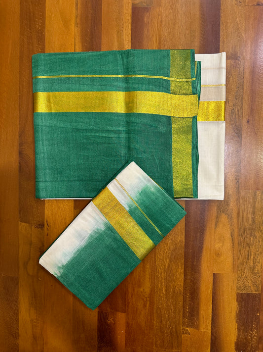 Southloom Tie & Dye - Half & Half  Multi Colour Dark Green Design Set Mundu (Mundum Neriyathum) in 2.80 m Neriyathu (Extra Length)